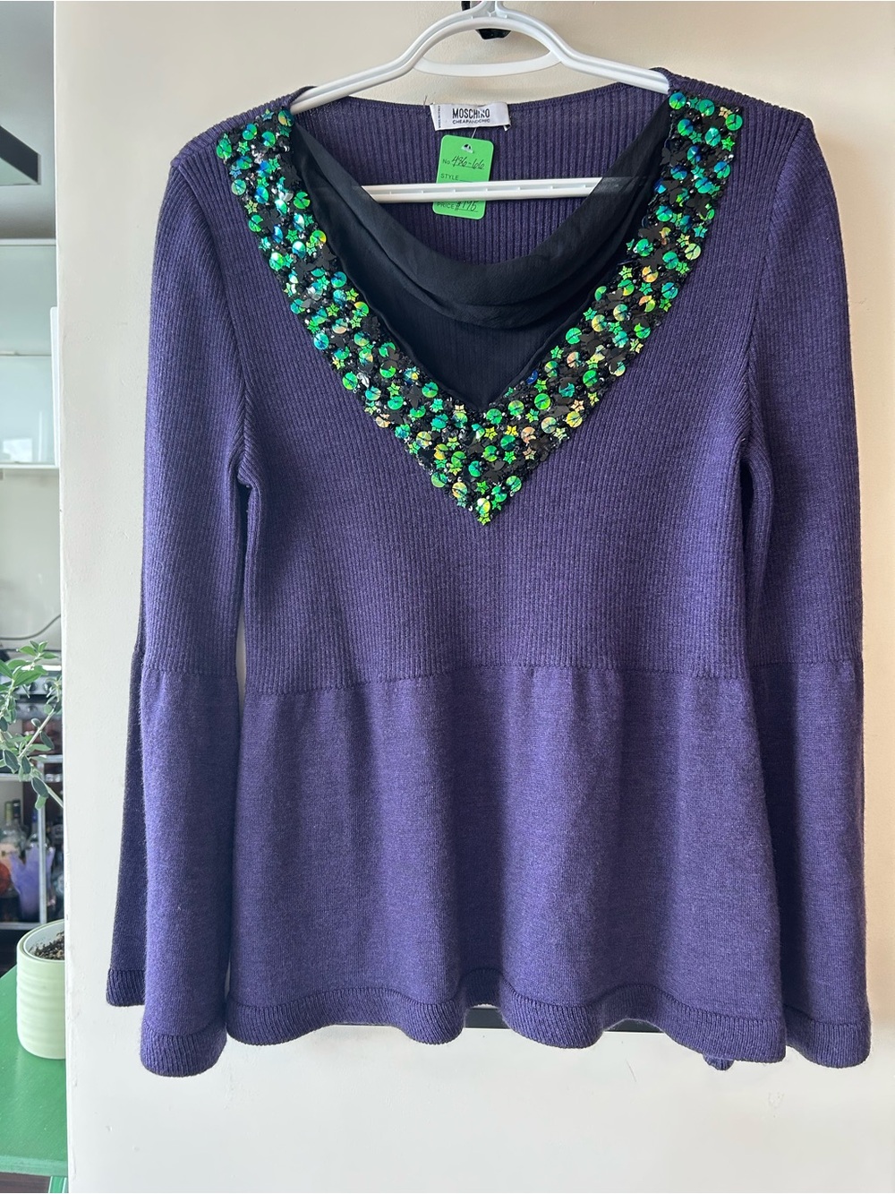 MOSCHINO Purple Knit Sweater Top with Green Sequin V-Neck